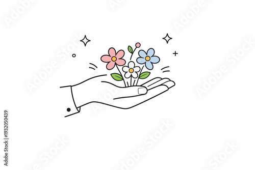 Hands holding spring flowers. A single hand offers a few simple blossoms forward, petals open and light. Quiet act of giving and gentle optimism. Minimalist