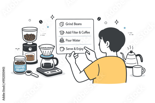 Coffee brewing routine. A person following simple steps on a recipe card while preparing coffee. Organized workflow with tools neatly arranged and a calm,