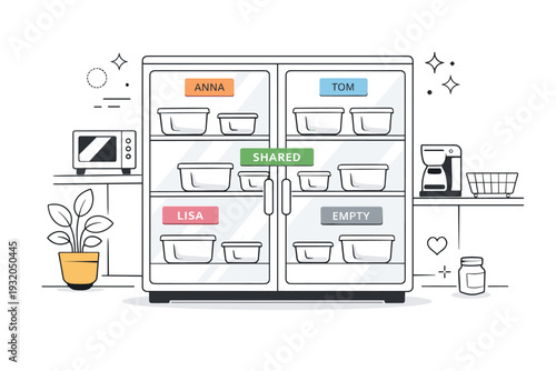 Shared kitchens unused. A shared refrigerator with multiple labeled sections and empty containers, light reflecting off glass doors. Community structure