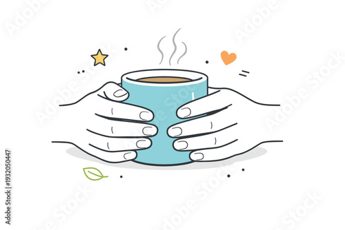 Hands idle positions. Close-up of hands holding a warm mug loosely without lifting, fingers relaxed around the surface. Comfort and idleness conveyed in a
