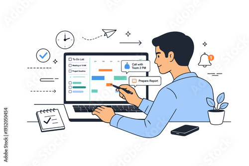 Digital scheduling workflow. Individual interacting with laptop calendar interface with tasks and reminders, focused and structured mood. Clean editorial