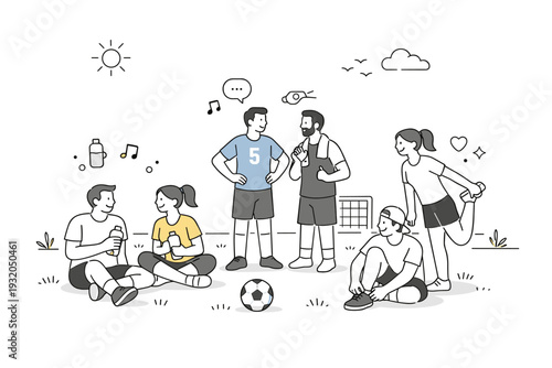Ending a spring casual league session. Players cooling down and chatting on the field, relaxed post-game mood and shared satisfaction, calm outdoor setting.