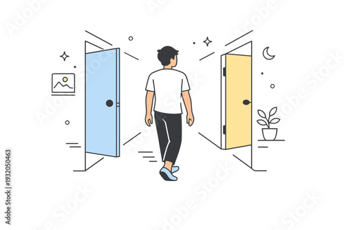Hallways between rooms. Person walking slowly through a narrow hallway, doors slightly ajar and soft warm lighting. Scene of quiet movement and personal