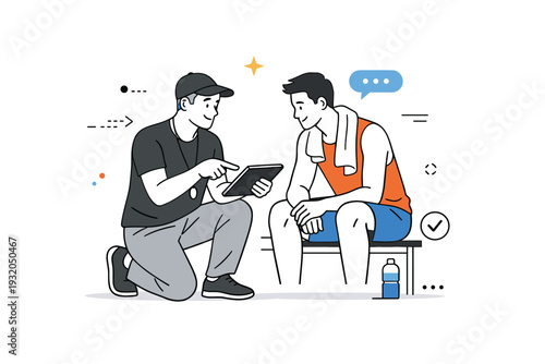 Coach feedback moments. A clean editorial scene showing a coach kneeling or standing beside an athlete, pointing to a clipboard or tablet while