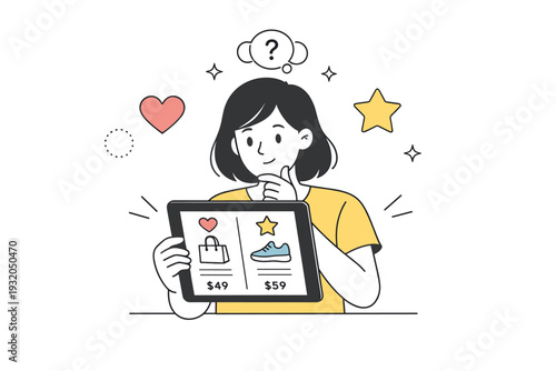 E-commerce. Shopper character comparing items on a tablet with heart and star icons, representing choice and preference. Friendly editorial mood with