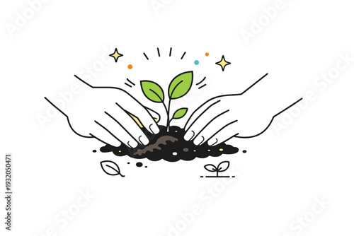 Eco friendly lifestyle. Close-up of hands planting a small seedling into soil. Gentle caring action with leaves, dots, and motion lines suggesting growth.