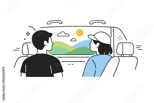 Looking at passing scenery. Two people sitting in a car, one looking through the side window at rolling hills. Shared ride, quiet appreciation of the