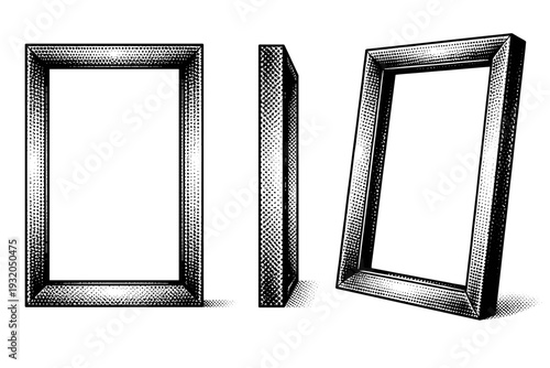 Elegant halftone rectangular frame shown as a single object presented in three views: front view, side view, and three-quarter view. Black and white dot style