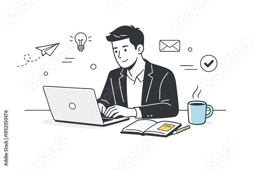 Male entrepreneur working. Young businessman focused on a laptop at a clean desk with notes and coffee nearby. Calm productivity, independent work, and modern