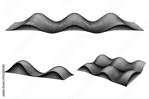 Dotted wave grid pattern with rhythmic curvature shown from front view, side view, and three-quarter perspective as a single object set with