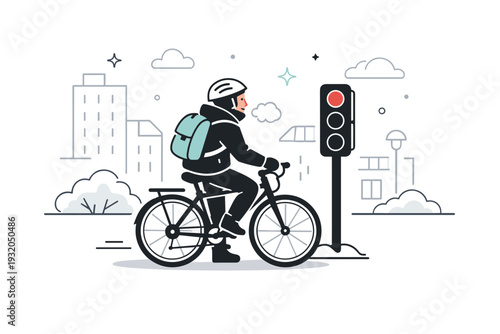 Winter cycling on city streets ? stopping at traffic lights. A quiet scene with a cyclist waiting at a red light, breath visible in cold air, city buildings