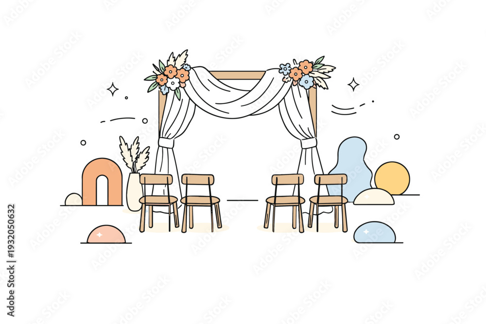 Obraz premium Boho wedding ceremony setup. A simple wedding arch with flowing fabric and flowers, minimal chairs and abstract decorative shapes around. The scene feels