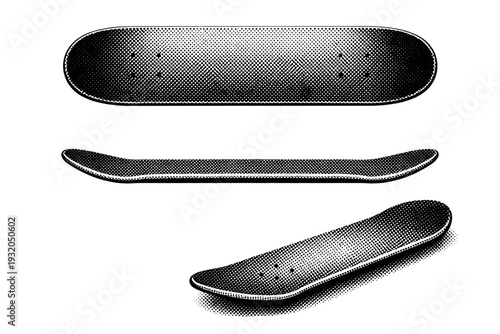 Skateboard deck graphic shown as a single object presented in three views: top view, side view, and three-quarter view. Black and white dot style with halftone