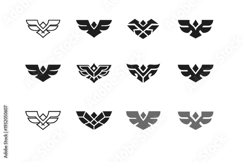 Symmetrical design. Icon set. Set Logo of Symmetrical design: perfectly balanced geometric emblem. harmonious logo variations of the same emblematic concept,