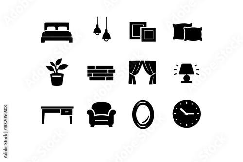 Interior bedroom decor. Solid icon set of Interior bedroom decor: bedframe, hanging lights, wall posters, throw pillows, potted plant, wood floor, draped