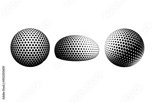 Black white polka dot pattern art A structured polka dot art pattern with evenly spaced dots displayed in front view, side view, and three-quarter view within