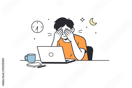 Screen exhaustion moments. Person sitting at a desk rubbing tired eyes in front of a laptop, slightly slouched posture and soft evening light. Quiet moment of