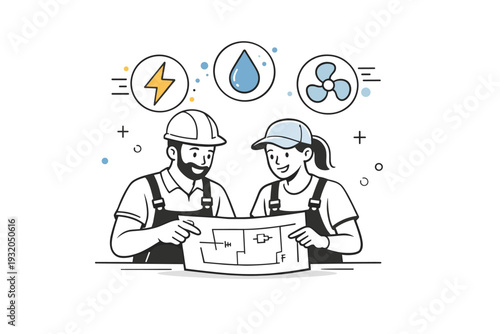 Electricians and skilled trades. Skilled workers reviewing a simple blueprint together, symbols of electricity, water, and air floating above the plan.