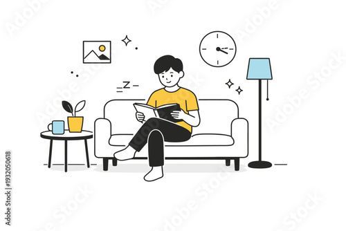 Everyday boredom realism. Minimal living room with a person flipping through a magazine or device, no other activity, soft daylight. Honest depiction of slow,