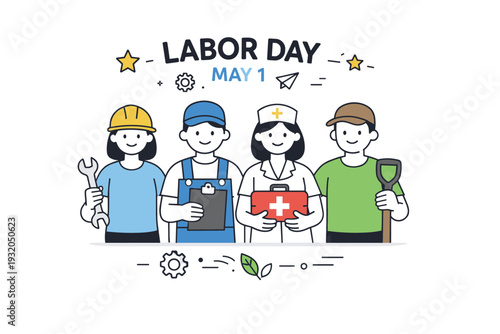 Labor Day May illustration. Simple human figures with work tools standing calmly together, symbolizing respect for labor and unity. Clean and