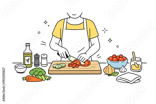Home cooking from scratch. Calm kitchen scene with a person chopping fresh vegetables on a wooden board, simple tools and natural ingredients, relaxed focus