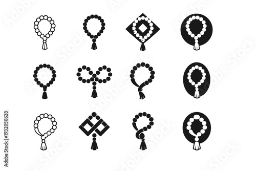 Prayer Beads. Icon set. Set Logo of Prayer Beads: Islamic misbaha. harmonious logo variations of the same emblematic concept (Minimal outline, Filled