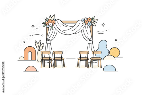 Boho wedding ceremony setup. A simple wedding arch with flowing fabric and flowers, minimal chairs and abstract decorative shapes around. The scene feels