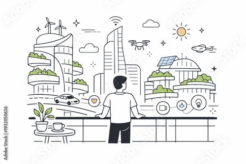 Future urban living. A person standing on a balcony overlooking a futuristic skyline with smart buildings and green terraces. Scene shows harmony between