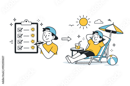Summer deadline management. Person checking off completed tasks early, small checkmarks and sun symbols emphasizing progress. Sense of efficiency and extra
