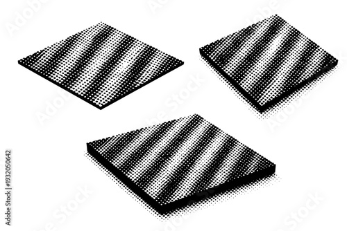 Diagonal striped halftone dot pattern shown as a single object presented in three views: flat top view, angled view, and three-quarter perspective view. Black