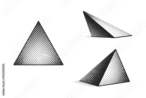 Geometric dotted triangle shape, a single triangular shape object displayed in flat front view, rotated side view, and three-quarter angled view within one