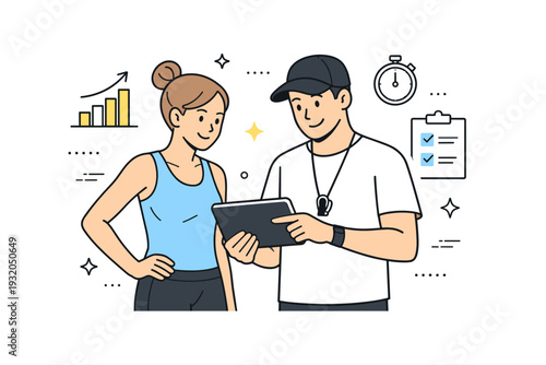 Athletic coaching one-on-one. Reviewing progress together on a tablet or notes, relaxed standing posture and mutual focus, sense of structure and improvement.