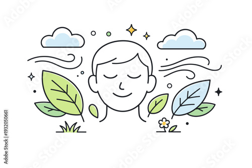 Work breaks with fresh air. Abstract editorial scene with a relaxed face surrounded by leaves, clouds, and soft airflow lines. Mental refresh and renewed