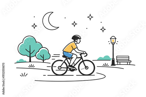Summer night cycling. A person cycles through a park path, moon and simple stars visible above. Calm recreational scene with steady rhythm and gentle motion