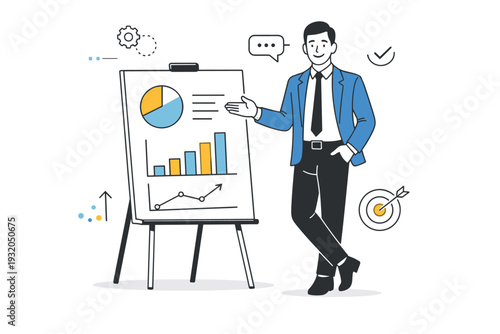 Confident manager presentation. A manager standing next to a simple board with charts, calm gesture and clear body language. The scene conveys leadership,