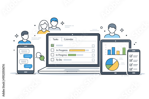 Team collaboration digital tools. Multiple devices showing chat, task assignment, and progress tracking apps, with abstract user icons suggesting teamwork and