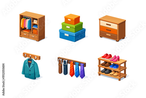 Wardrobe. Isometric flat vector icons set of Wardrobe: open wardrobe with clothes, storage box stack, clothing drawer unit, coat hanging on hook, belt and tie