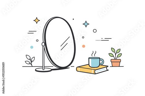 Reflections without identity. A quiet scene of a mirror resting unused in a space with no human reflection. Symbol of introspection left open-ended. Minimalist