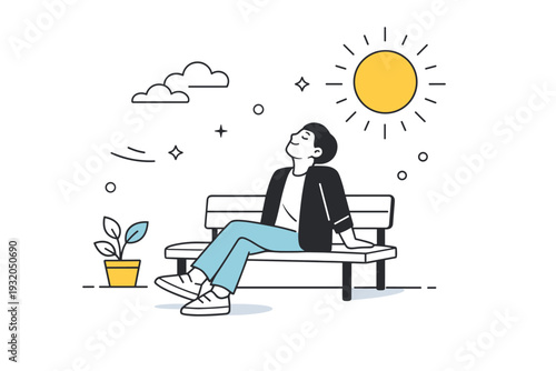 People testing warmth outdoors. A seated figure leans back on a bench, face turned toward the sun, eyes closed. Quiet enjoyment of gentle heat and light.