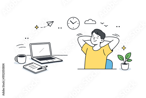 Home office break. A person stretches or drinks coffee beside a laptop and notes, subtle motion lines and dots suggesting calm and balanced workflow.