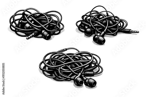Tangled headphones with earbuds A realistic tangled headphone set with clearly visible earbuds shown as a single object in three different views focusing on
