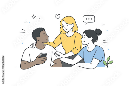 Emotional support network. Friends checking in on each other with gentle gestures, expressing care beyond traditional family roles. Calm and respectful scene