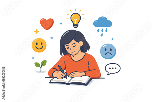 Therapy culture visualized as a single person journaling with floating emotion icons like hearts clouds and light bulbs. The mood highlights introspection self