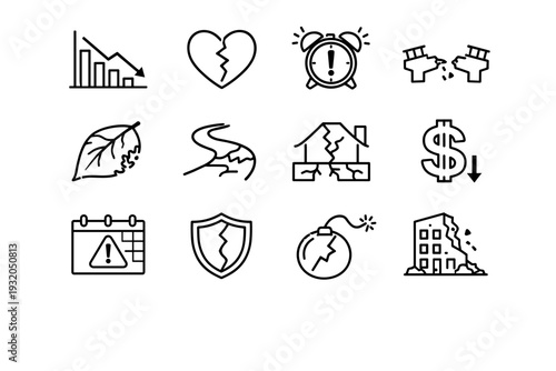 Long Term Impact. Line icon set of Long Term Impact: downward graph, cracked heart, warning clock, broken bridge, fading leaf, eroding path,