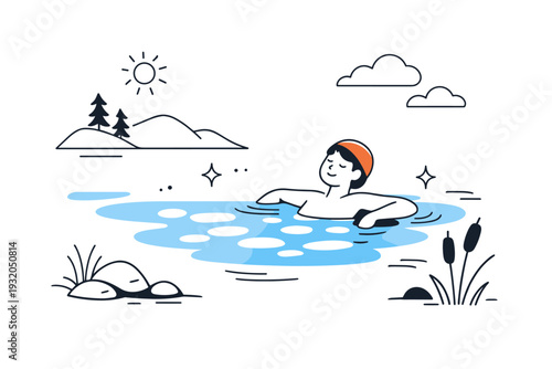 Swimming in natural lakes. Person resting in the water near the shore, sunlight reflected as soft shapes on the surface. Calm pause and sensory relaxation