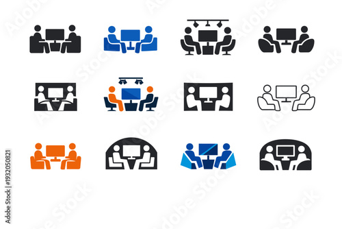 Interview formats on television. Icon set. Set Logo of Interview formats on television: TV studio interview setup. harmonious logo variations of the same
