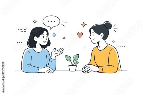 Empathy in trauma informed care. Two people in a gentle conversation, one listening attentively while the other speaks. Focus on validation, presence, and