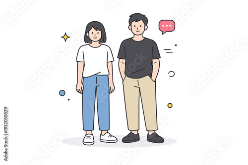 People without styling effort. Two people standing side by side in plain outfits, simple silhouettes, no visual emphasis. Casual coexistence, normalcy, shared