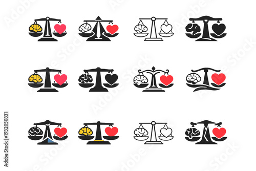 The impact of social media on mental health. Icon set. Set Logo of The impact of social media on mental health: digital balance scale with heart and brain.