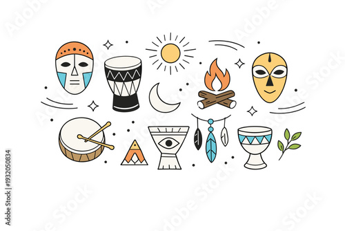 Ritual and celebration symbols. Simple masks, drums, and ceremonial shapes floating in harmony, expressing collective memory and celebration. Calm